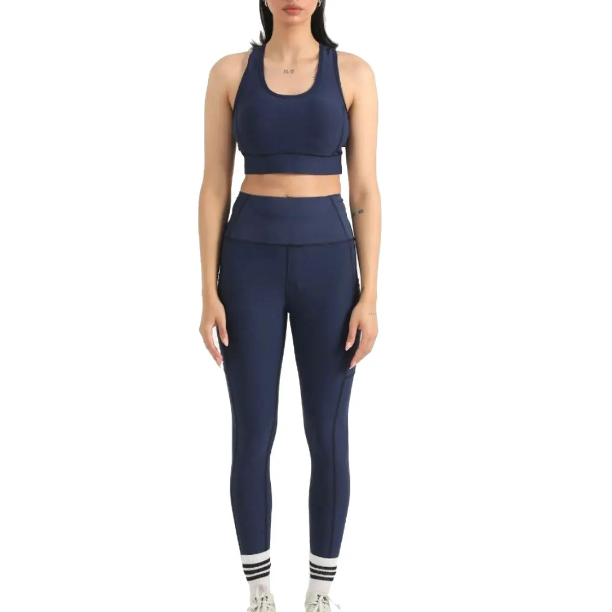 Women Yoga Set Crop Top High Waist Full Length Leggings Blue Solid Color 2 Piece Activewear Spandex Polyester Cell Phone Sides