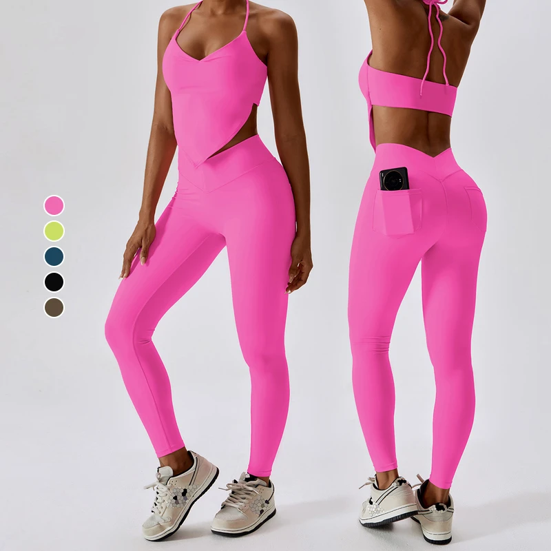 Women's High-Waisted Breathable Activewear Quick-Dry Yoga Set Pockets for Outdoor Running Bike Fitness Sexy Yoga. Front
