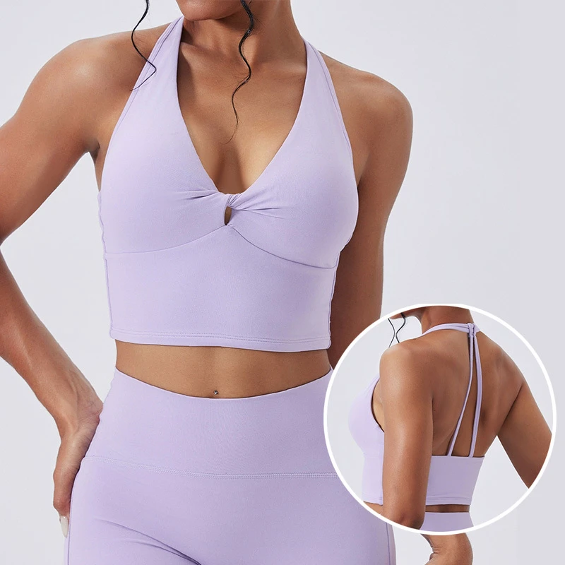 Roregal Lady Quick Dry Front Twist Open-Back Sports Bra Gym Fitness Slim Fit Halter Yoga Tank Top