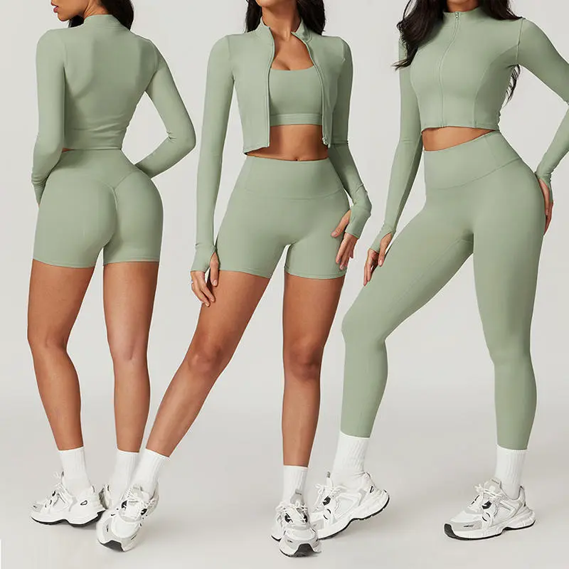 OEM 2025 4 Piece Activewear Gym Long Sleeves Leggings Set Seamless Yoga Wear Set Custom Women Yoga Set