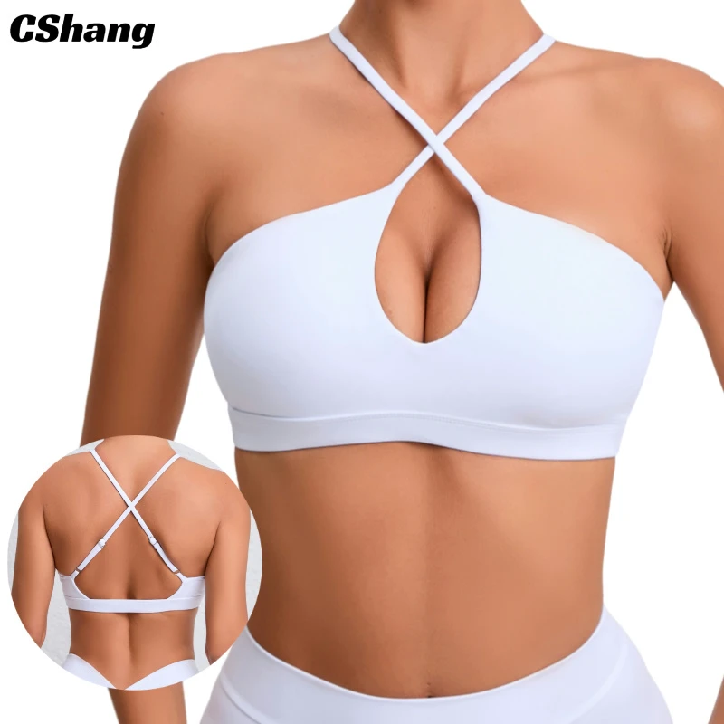 Women Plus Size Cross Adjustable Straps Lightweight Breathable Sports Bras Halter Neck Backless Gym Bra Yoga Top