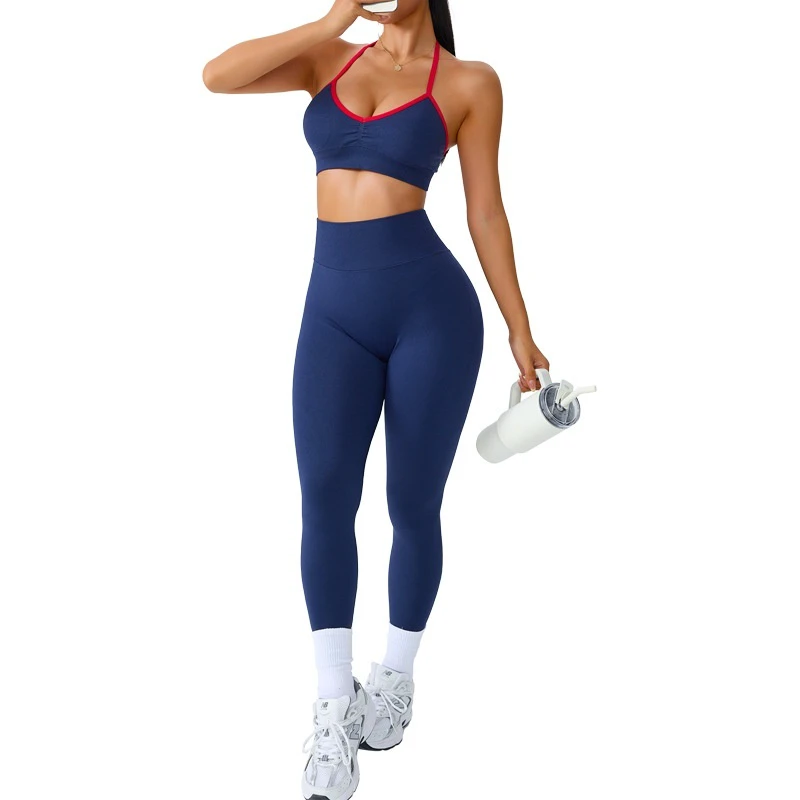 Women's Solid Off-the-Shoulder Yoga Suit 2-Piece Set High-Waisted Long Pants Sweat-Wicking Spandex/Nylon Sports Bra Front