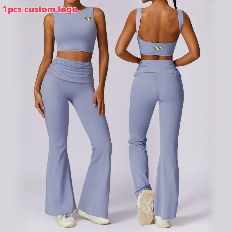 Naked Feel Breathable Lightweight Gym Yoga Sport Wear 2pcs Sets Backless Vest Fold Waist Flared Pants Dance Running Training Set