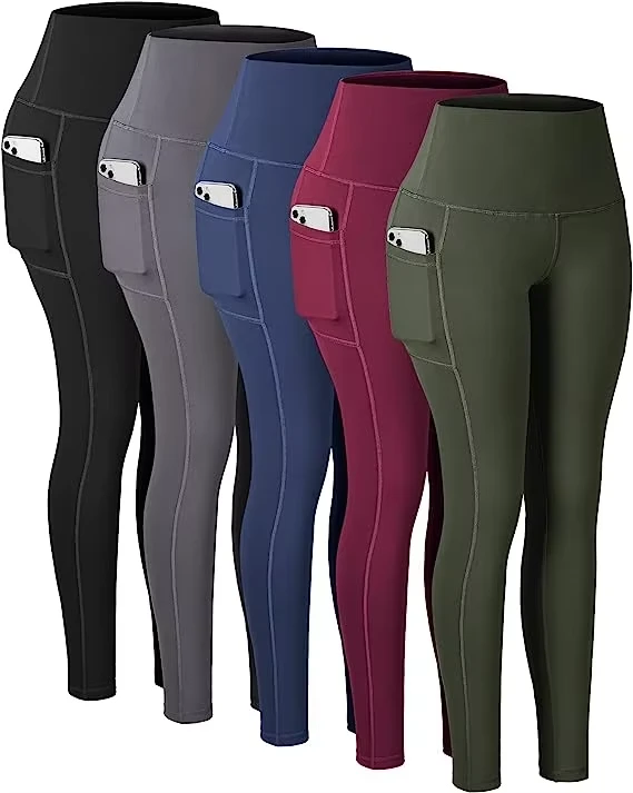 Mid Ladies Workout Gym Leggings Quick Dry Breathable Four-Way Stretch Seamless Pockets Solid Pattern Athletic Yoga Full Length