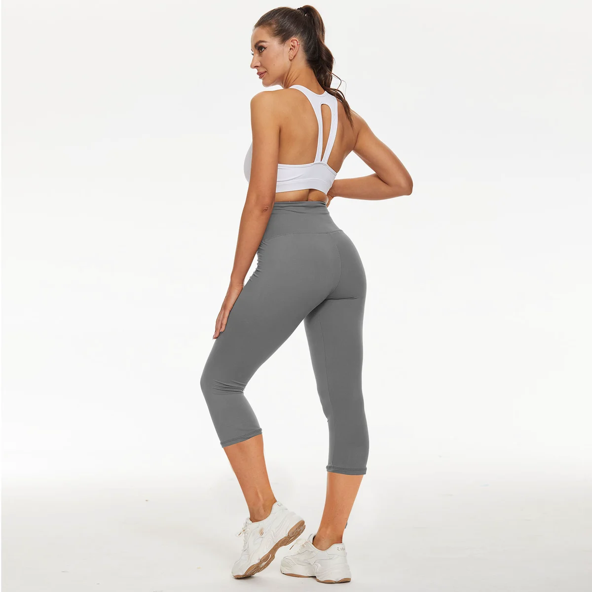 Custom Logo Cross Waist Women Capris Solid Breathable High Elastic Ladies Leggings Girls Daily Exercise Wide Band Outwork Pants