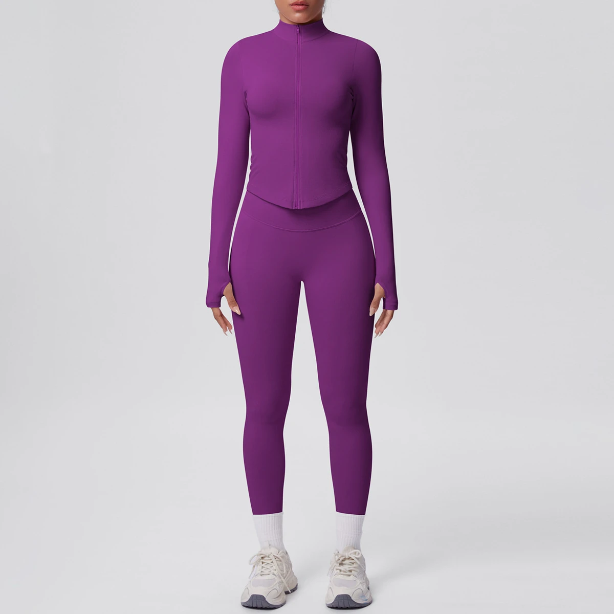 Seamless Solid Color Tight High-elastic Breathable Spandex/Nylon Wrinkle-resistant Zipper Cropped 2-Piece Yoga Suit