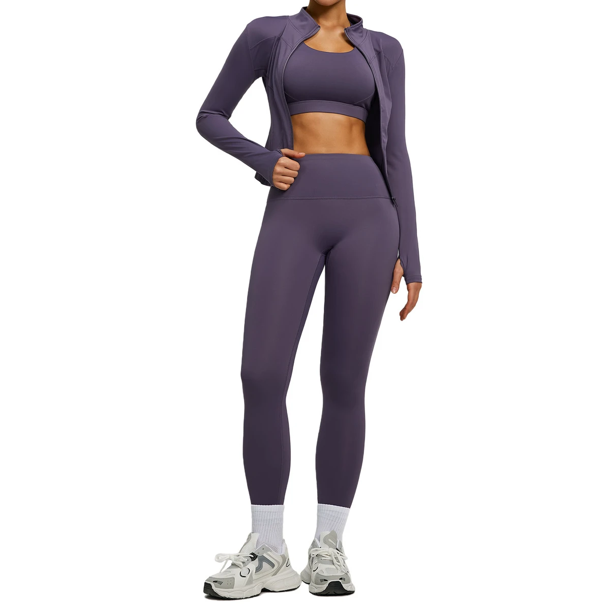 High-Elasticity Breathable for Solid Slim-Fit Mid-Waisted Elastic Waist Butt-Lifting Two-Piece Yoga Sports Suit Fitness Set