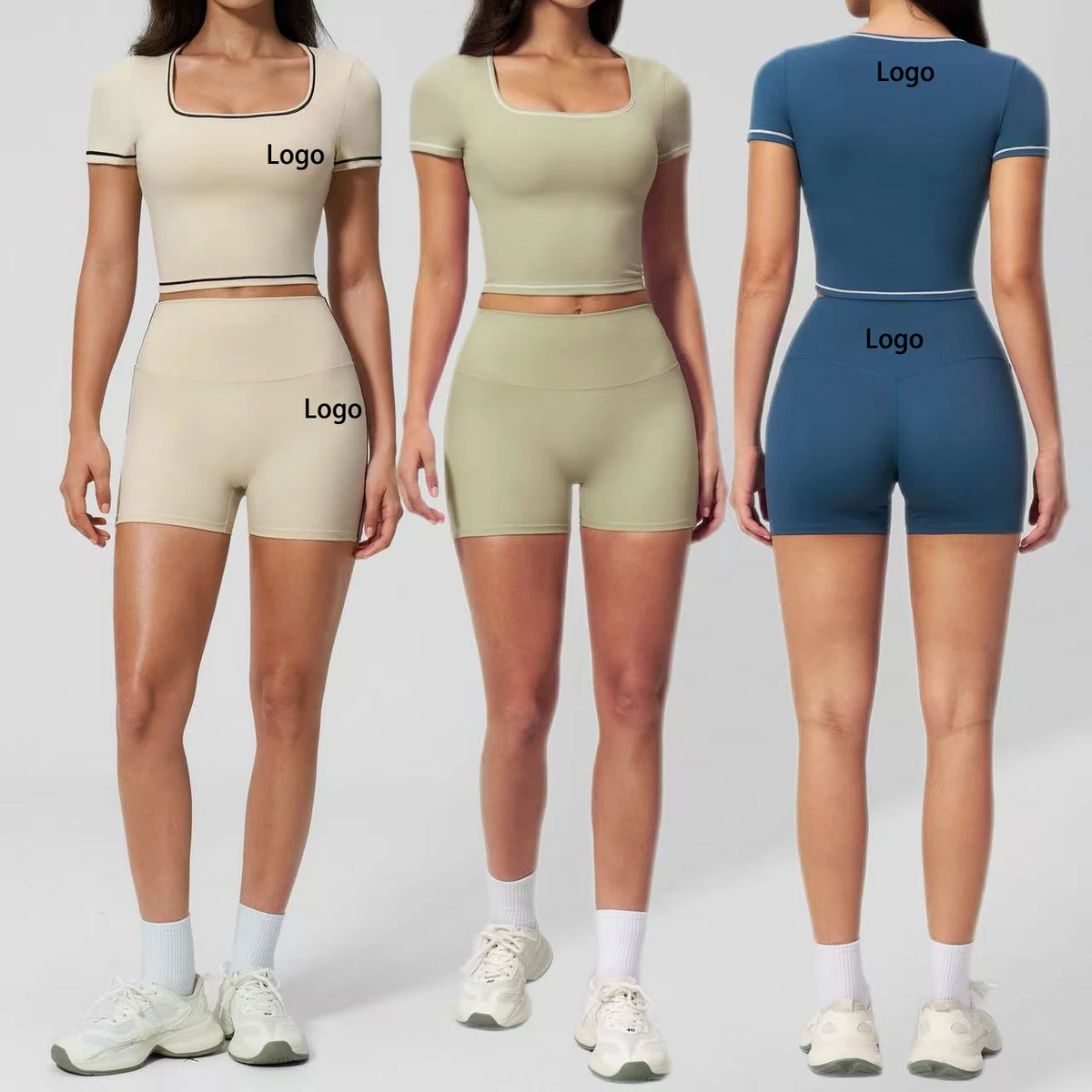 Newest Short Sleeve Crop Top High Waist Yoga Shorts 2-Piece Yoga Set Loungewear Square Collar Luxury Tight Women's Sports Set