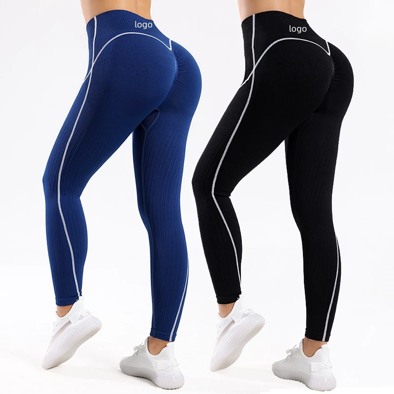Women's High-waist Ribbed Yoga Pants Hot-selling Color-block Fitness Base Peach Hip Tight Seamless Long Leggings for Women