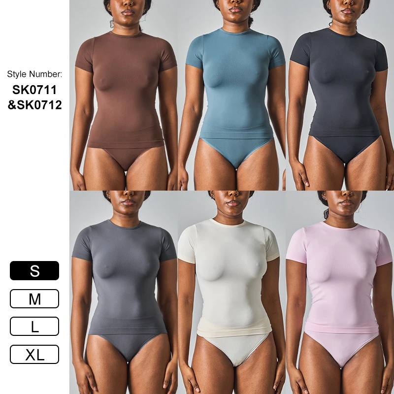 SK0712&SK0711 Seamless Yoga Sports Set Short Sleeve Yoga T-shirt Breathable Sweat-Absorbing Women's Triangle Pants