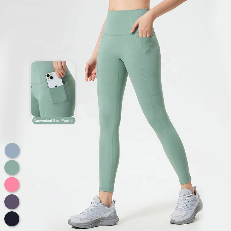 Women's High Waist Gym Fitness Yoga Leggings New Tummy Control Workout Solid Activewear Pants with Side Pockets