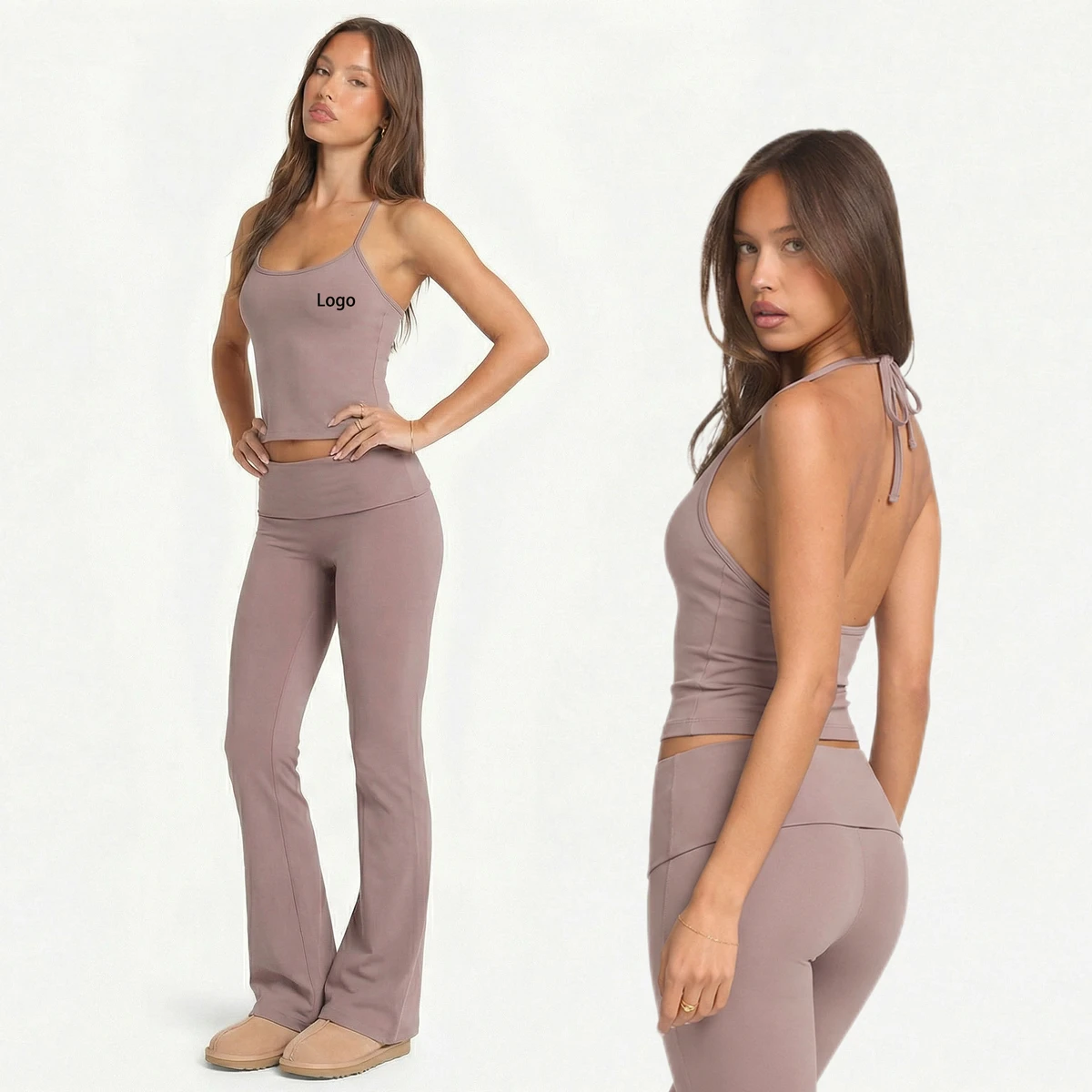 Newest Y2k Halter Neck Tank Tops High Waist Flare Pants 2-piece Yoga Sets Nude Feel Tight Fit Pilates Yoga Wear Gym Fitness Set