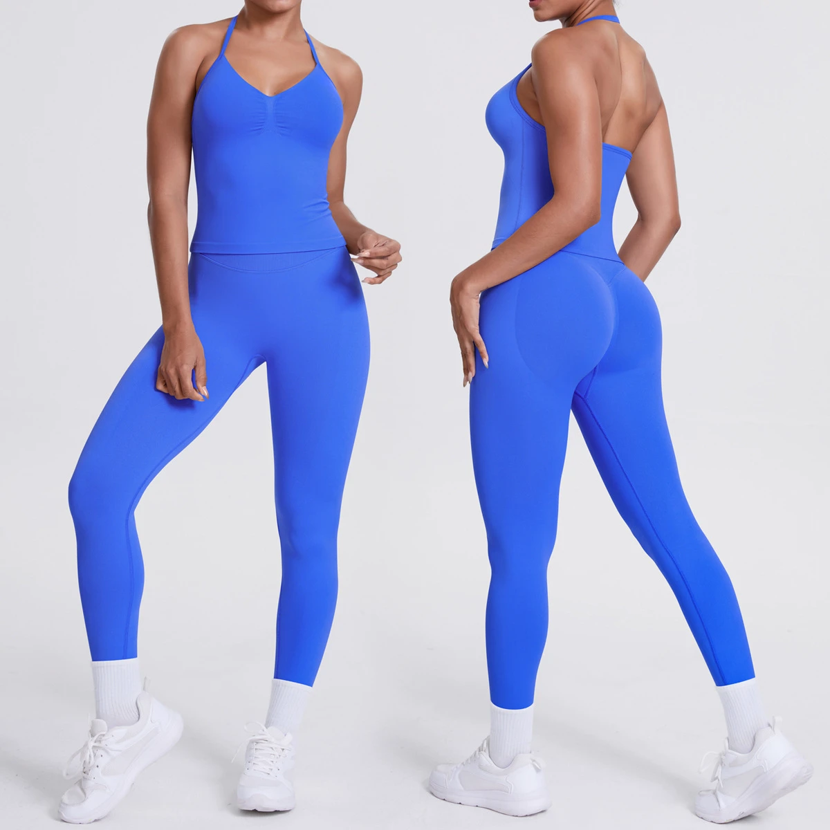 High-Waisted Seamless Yoga Sports Suit Halter Neck Quick-Dry Fitness Running Wear Breathable Back Set Front Logo Solid Pattern