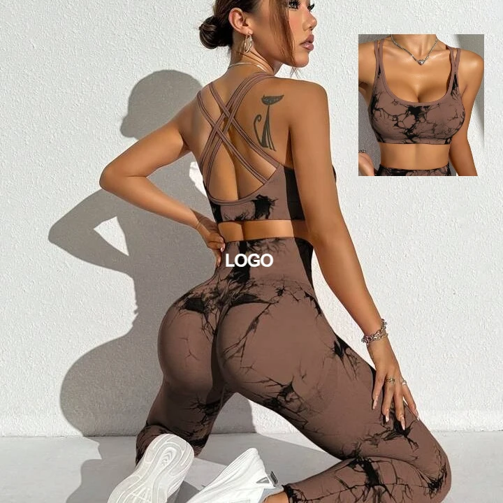 Custom LOGO Wholesale 2 Piece Women Seamless Tie Dye Yoga Sets High Waist Peach Butt Lift Cross Back Gym Activewear