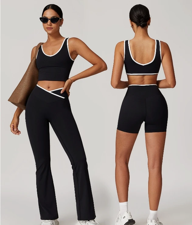 Women's Activewear Sports Clothing Cross V Waistband High Waist Leggings 2 Piece Suit Colour Blocking Yoga Set Gym Fitness Sets