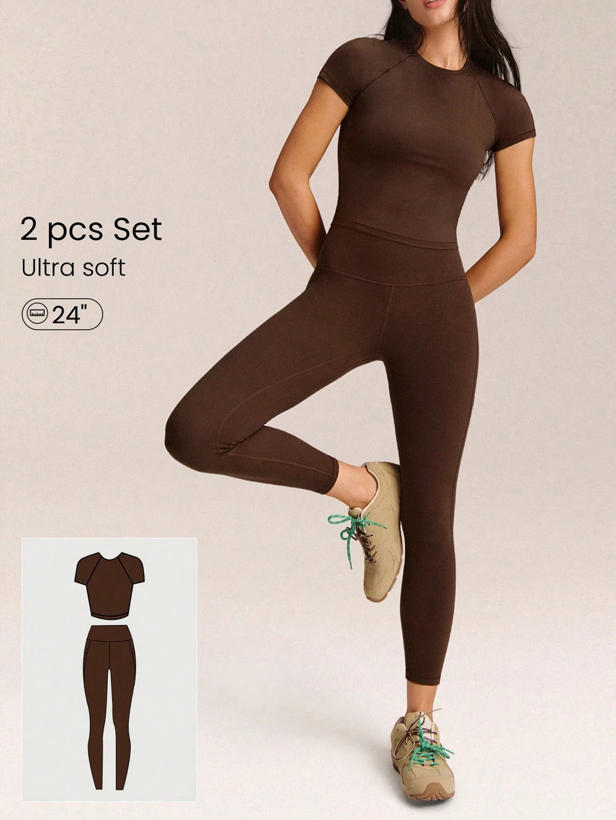 Custom Short Sleeve 2 Piece Yoga Set Women High Waist Side Pocket Leggings Double Layer Crop Top Non See Through Gym Activewear