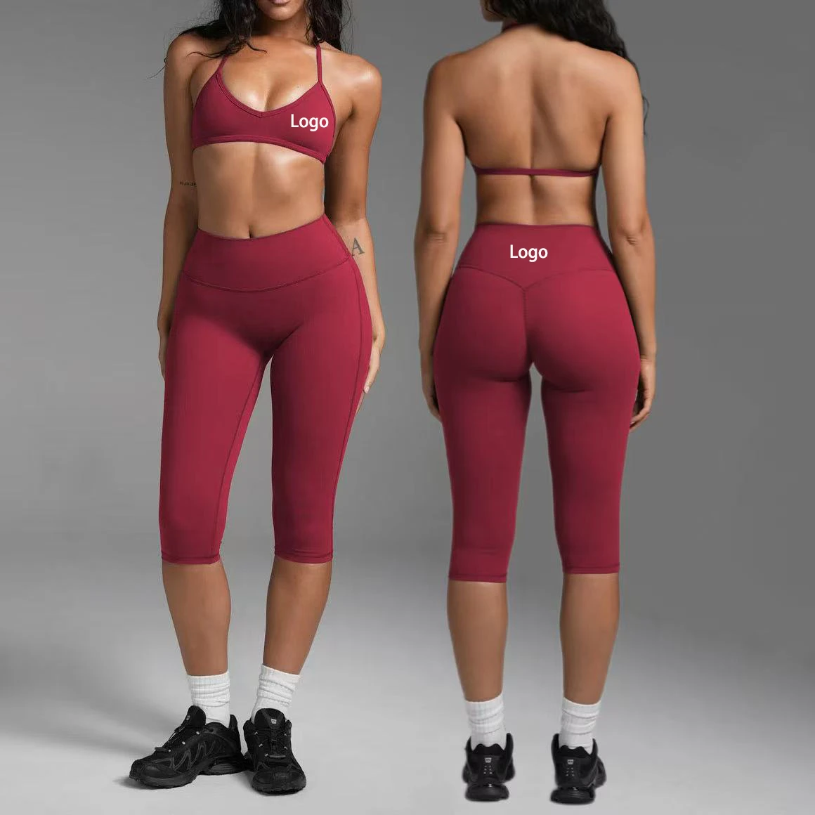 Custom LOGO Women's Push up 2-piece Yoga Sets High Waist Tight Fit Capri Pants Beauty Back Adjustable Sports Bra Gym Fitness Set