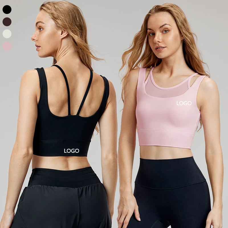 XW-DWBS124083 Double Shoulder Strap Wholesale Gym Mesh Sportswear Backless Fitness Wide Hem Custom Yoga Sports Bra for Women