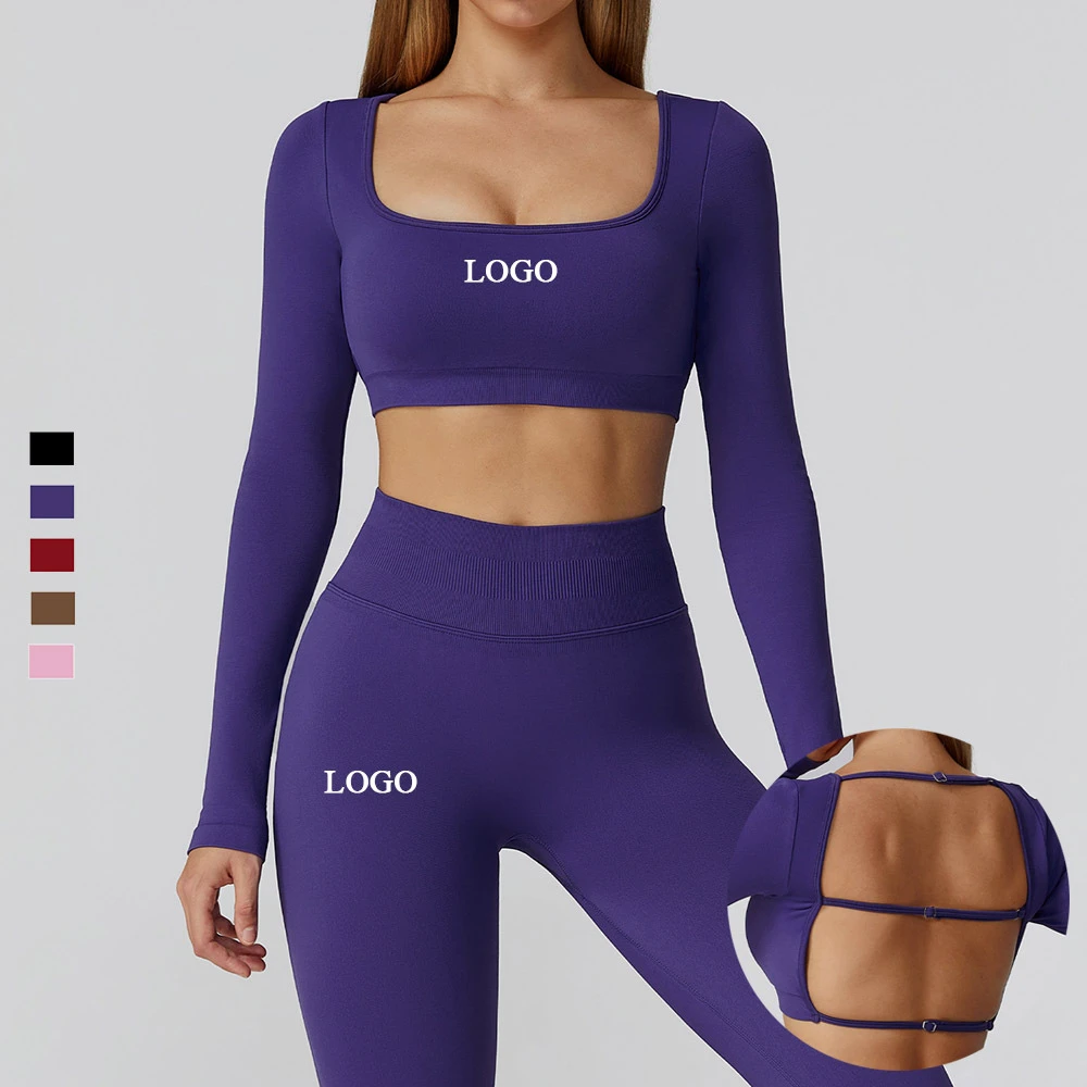 Custom Seamless Square Neck 4-Way Stretch Long Sleeve Backless Workout Crop Tops Breathable High Waist Yoga Leggings Pants Set