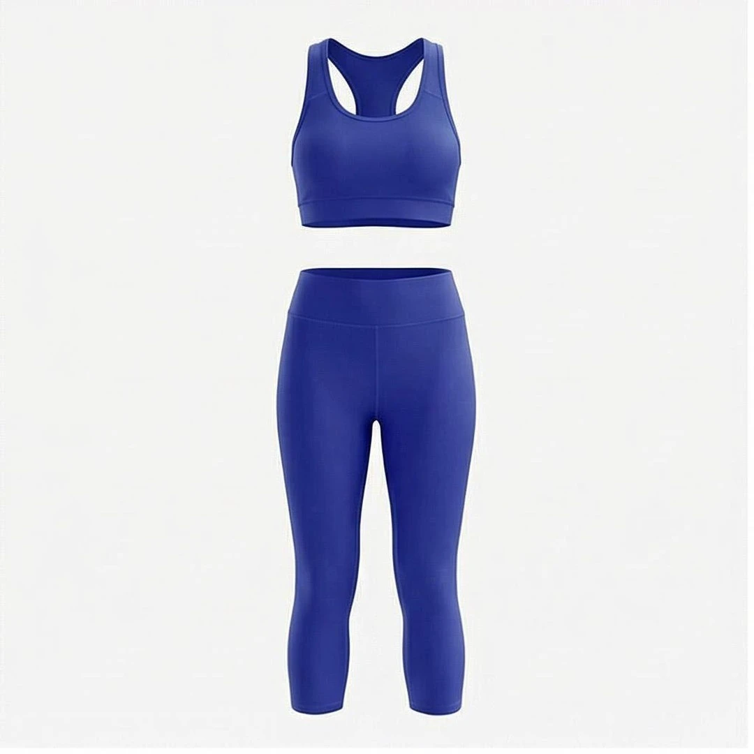 2 Piece Yoga Set Racerback Crop Top High Waist Calf Length Leggings Solid Blue Seamless Breathable Women's Sportswear