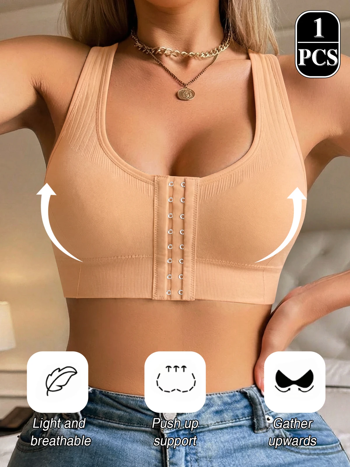 Breathable Seamless Simple Elastic Wide Racerback Shoulder Straps Medium Support Women Sports Bra Front Closure Push-Up Yoga Gym