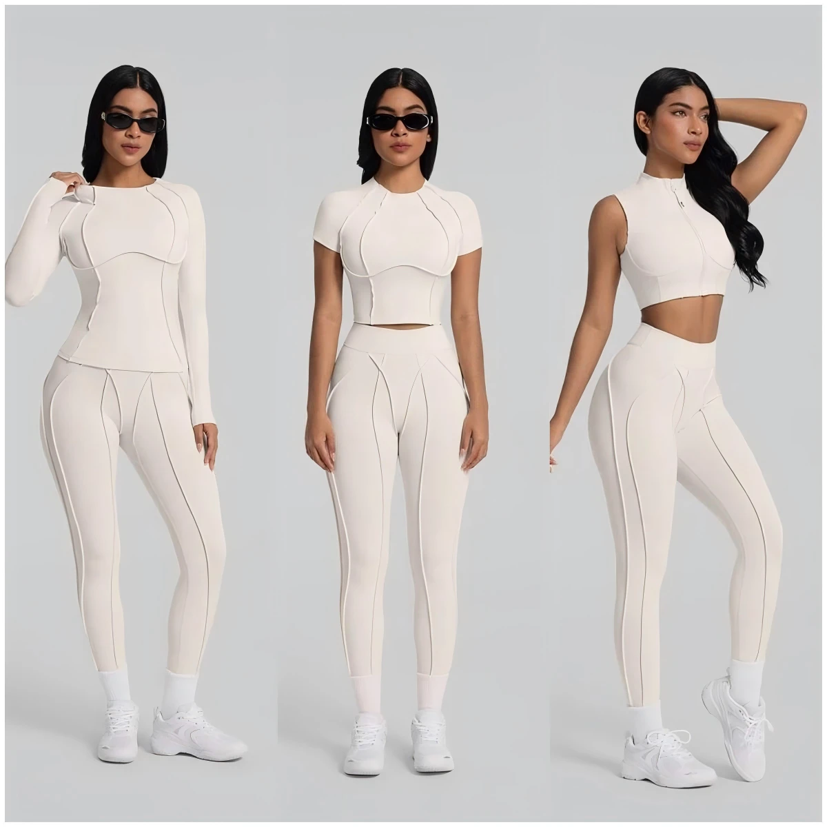 7 Pcs Hot Zipper Jacket Long Sleeve T Crop Top Vest Bra Capri Legging Gym Sports Fitness Active Wear Yoga Sets Clothes For Women