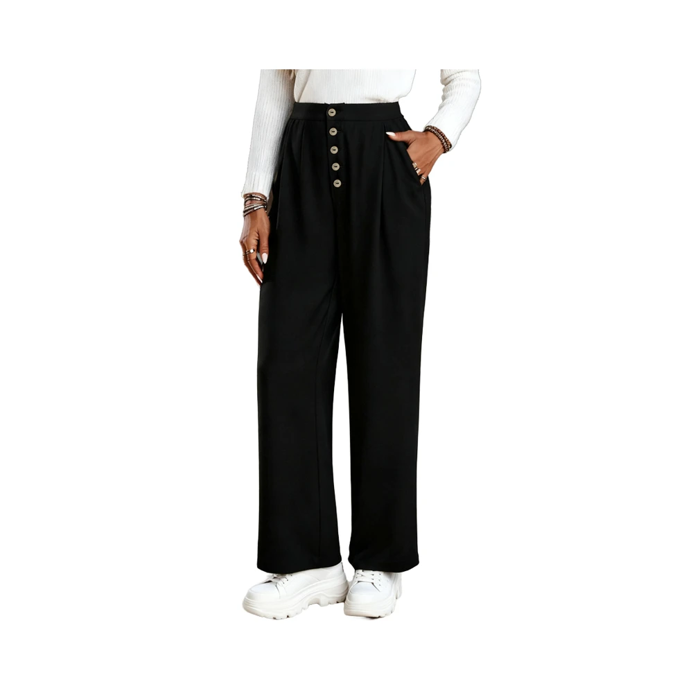 High Waist Plus Size Women's Full Length Solid Color Button Closure Casual Straight Style Loose Fit Eco-Friendly 100% Polyester