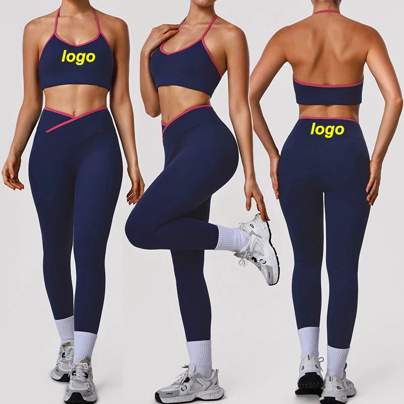 New Arrival 2-piece Yoga Set Women 's Fitness Leggings with Cross Waist Color Blocked Halter Bra Tummy Control Running Outfits