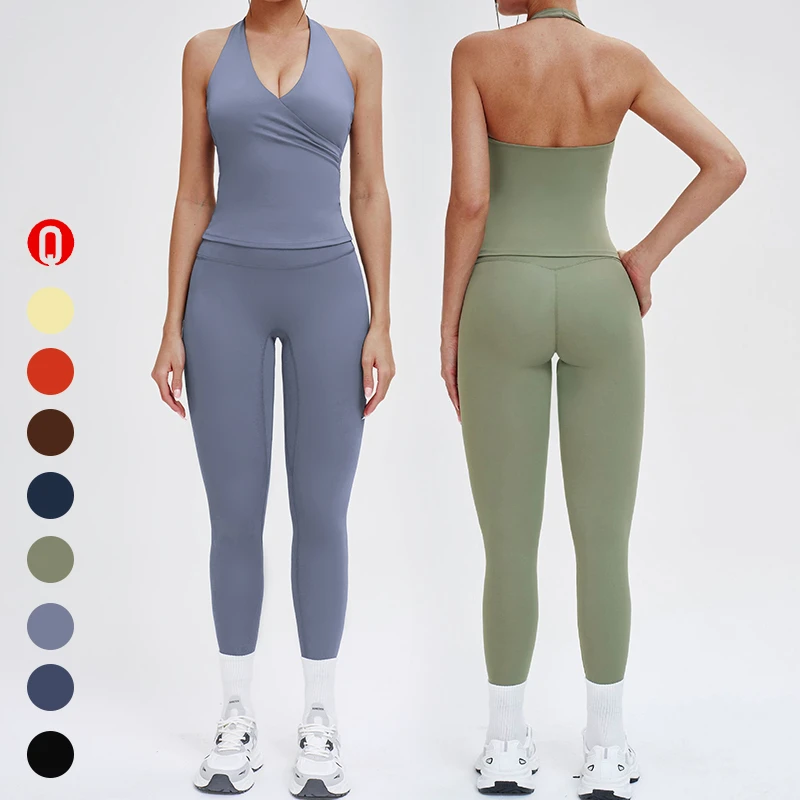 Women's 2-Piece High Waist Yoga Leggings Set Sleeveless Backless Sportswear Halterneck Workout Top Wholesale Gym Fitness Sets