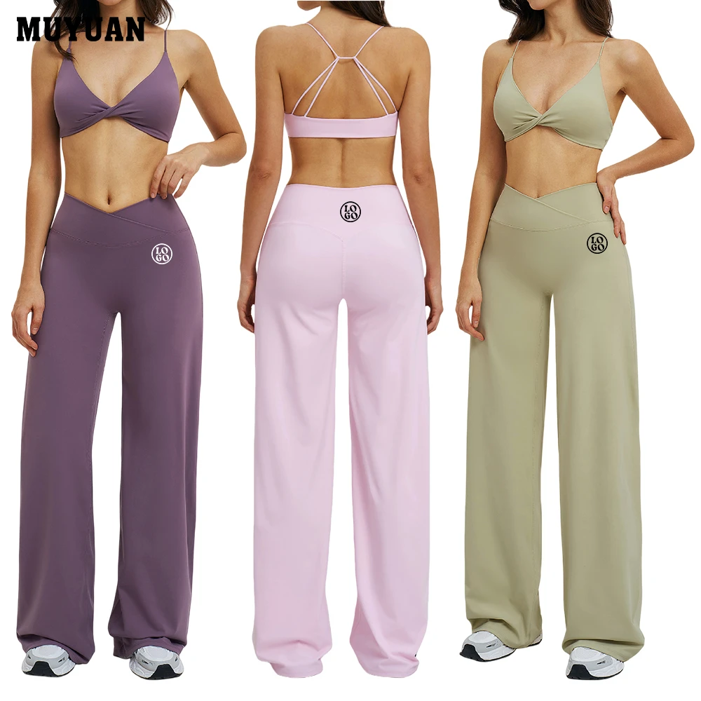 Quick Dry Breathable Nylon Spandex Sports Bra Yoga Leggings Set V Neck Thin Strap Cross Back Design High Waist Workout Wear