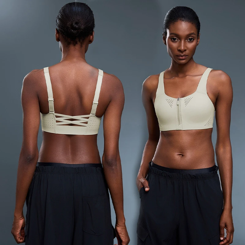Roregal High Intensity Adjustable Shoulder Strap Tight Women Sport Bra Sexy Front Zipper High Impact Fitness Yoga Bra