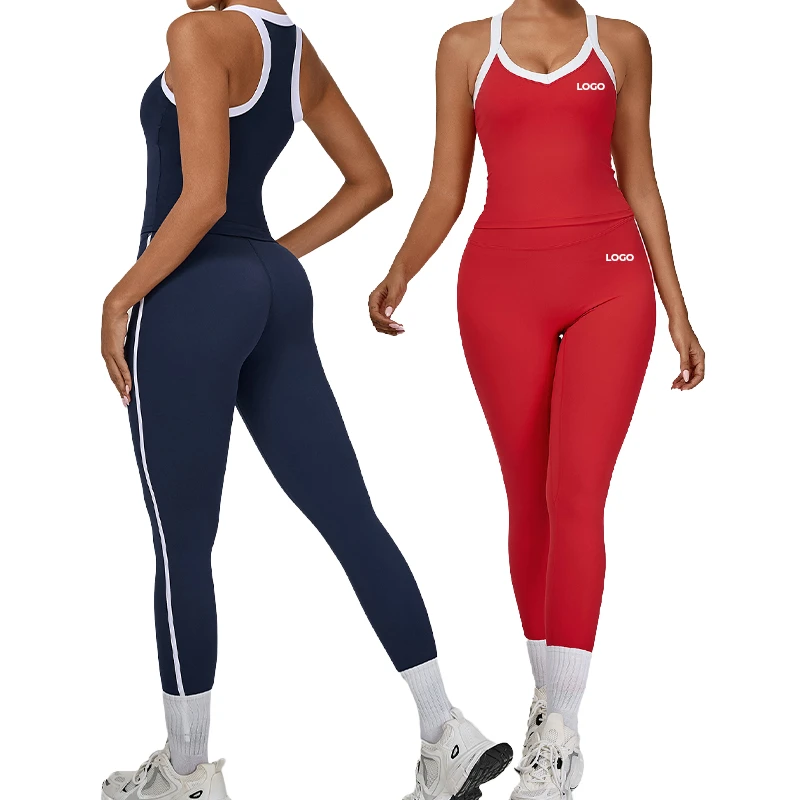 Four-Way Stretch Contrast Color Top Vest & High Waist Pants Active Wear Set Side Stripes Fitness Yoga Wear Suit for Women