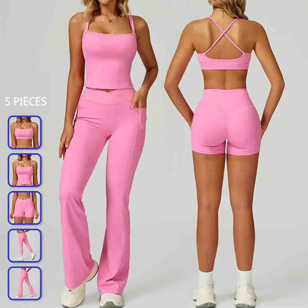 With Pockets Flare Leggings Women Top Shorts Sports Tank Tops High Cross Back Bra Women Supportive 5 Piece Gym Set
