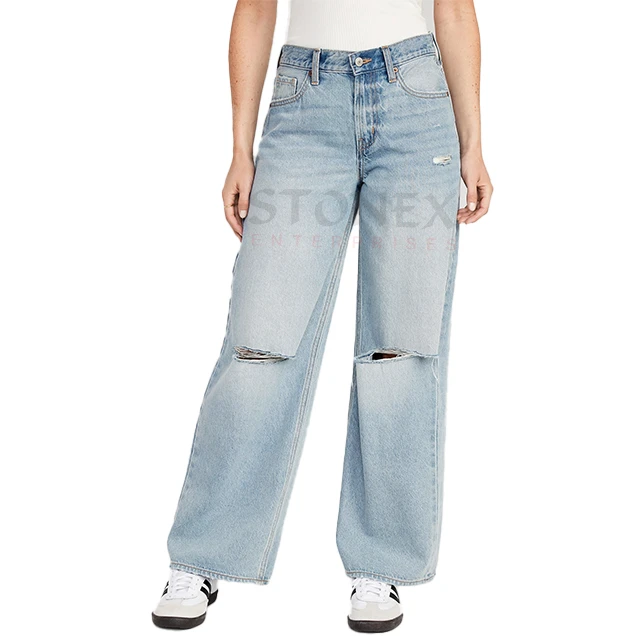 Best Sale Non-Stretch Ripped Jeans Ladies Mid-Rise Baggy Wide-Leg Denim Pants Cotton Casual XL Skinny Regular Women's Loose