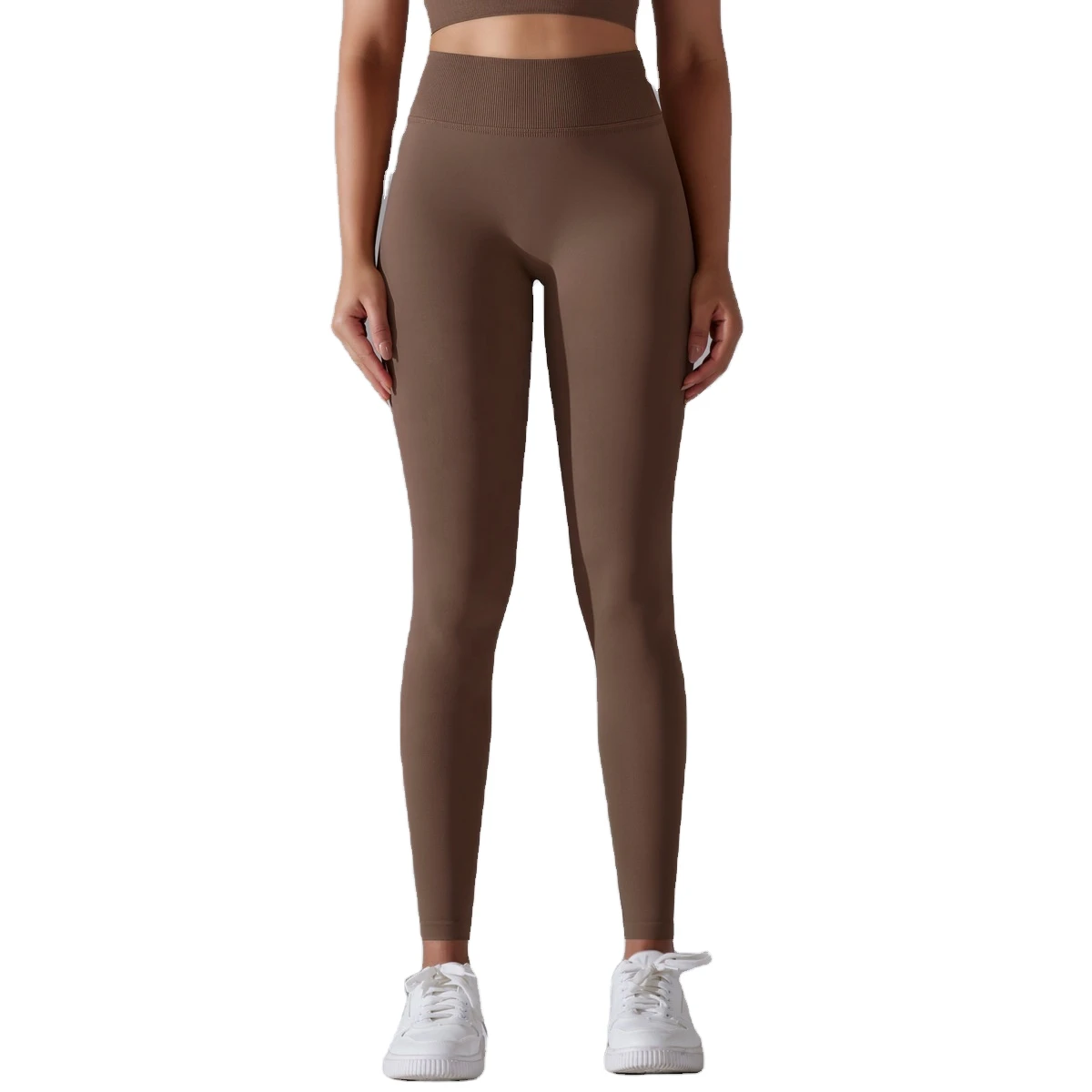 High Waisted Seamless Breathable Four-Way Stretch Yoga Leggings Women Full Length Solid Color Ribbed Waist Elastic Fit Tummy