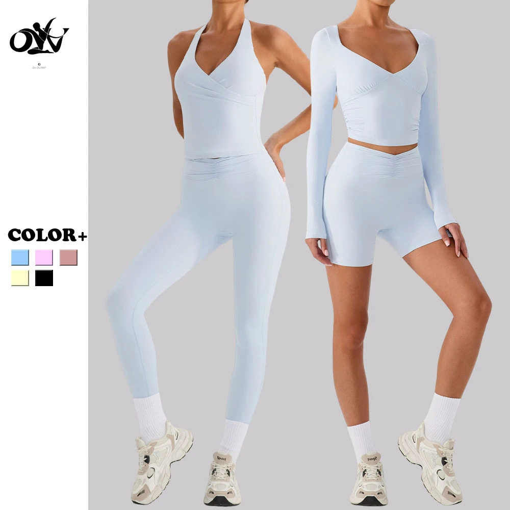 Solid Built-in Chest Pad Yoga Wear Set High-waist Wrinkle Breathable Fitness Sport Leggings High Quality Women's 2 Piece Set