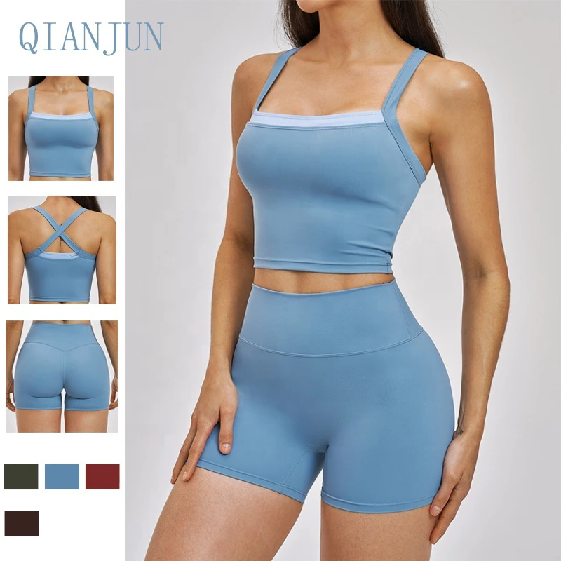 Hot Selling Color Blocking Gym Fitness Workout Clothes Yoga Set for Women Crisscross Strap Outdoor Training Shorts Set Yoga Suit