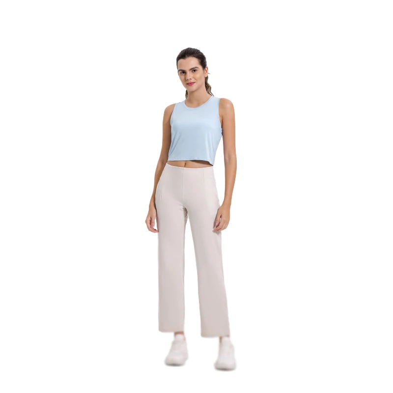 Women's New Arrival Casual High-Waisted Straight-Leg Solid Spandex/Nylon Yoga Pants with Loose Pockets