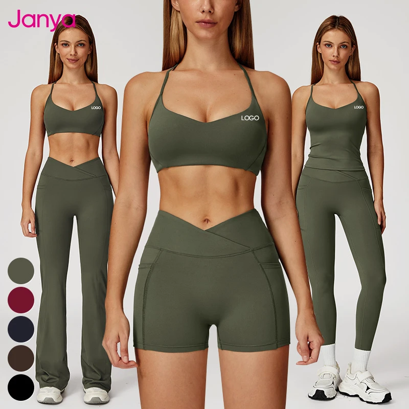 Janya New Breathable Sports Wear Quick Dry Gym Fitness Clothing 2 Piece Sets Women's Sports Bra Cross Waist Yoga Leggings Set