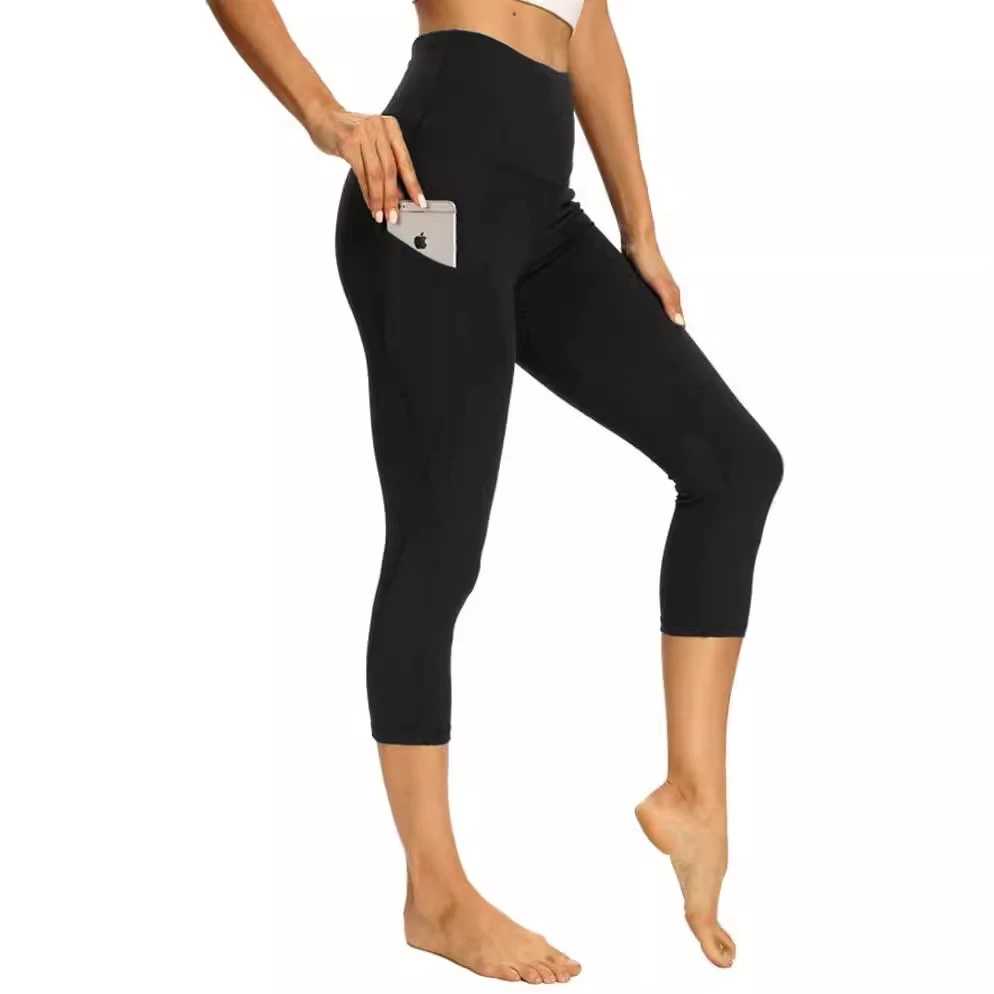 New European American High-Waisted High-Elasticity Solid Pocket Tummy Control Shapewear Yoga Women's Leggings Capri Pants Summer