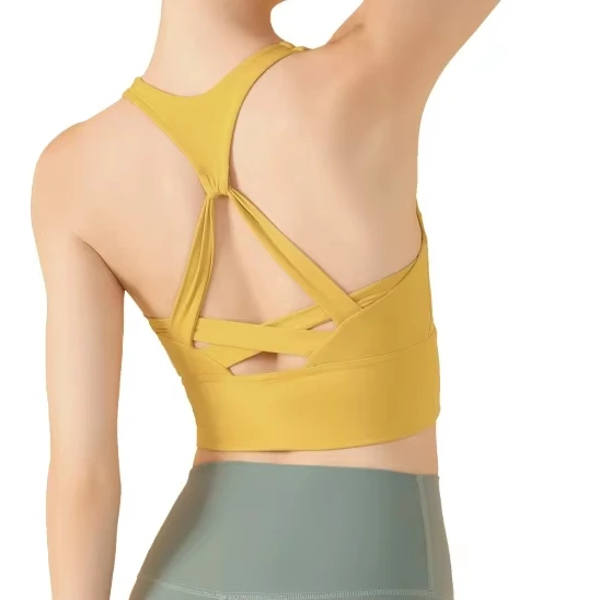 Fashion U Neck Hollow Cross Back Wide Hem Sports Bra with Fixed Pads Medium Support Yoga Bra