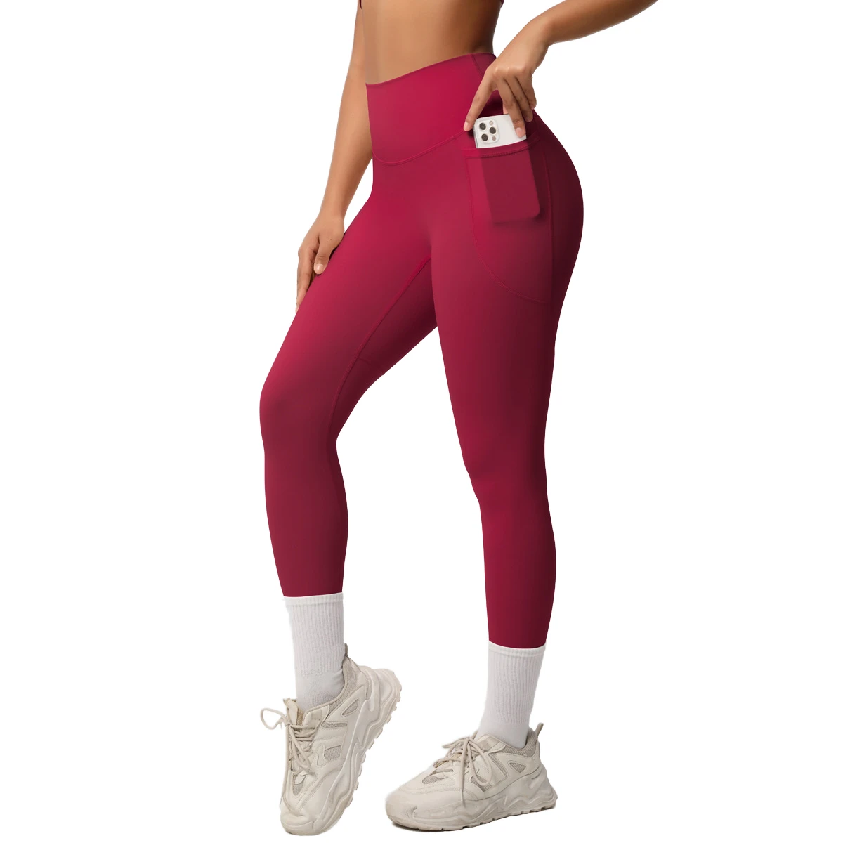 Women's High Waist Yoga Leggings Full Length Solid Color Side Pockets Nylon/Spandex Seamless Four-Way Stretch Lightweight