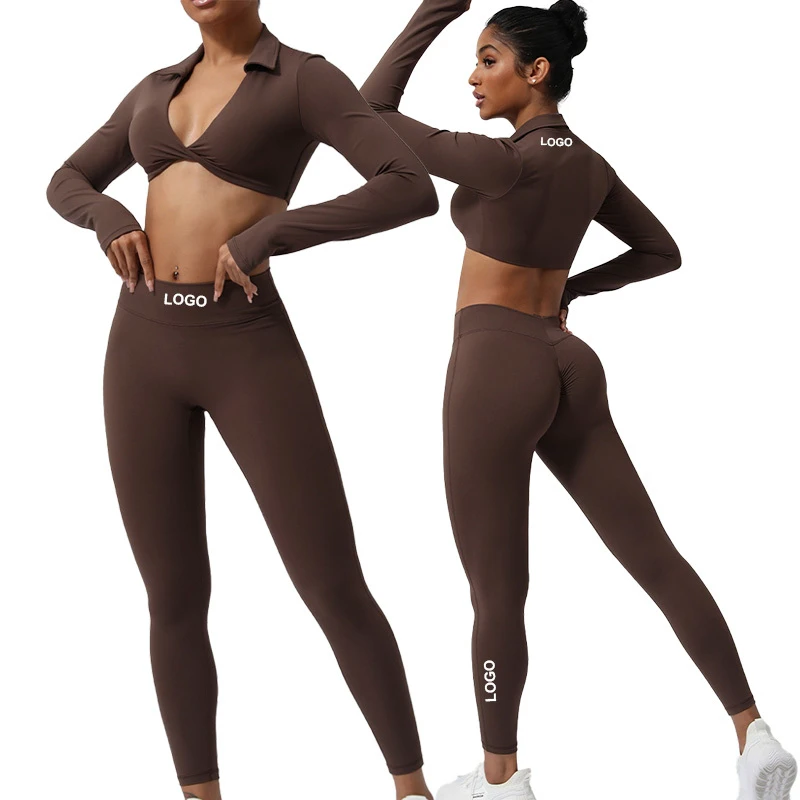 2410 Women Super Stretchy High Impact Yoga Sets Crop Tops With Cross Over Legging Quick Dry Fitness 2 Piece Set