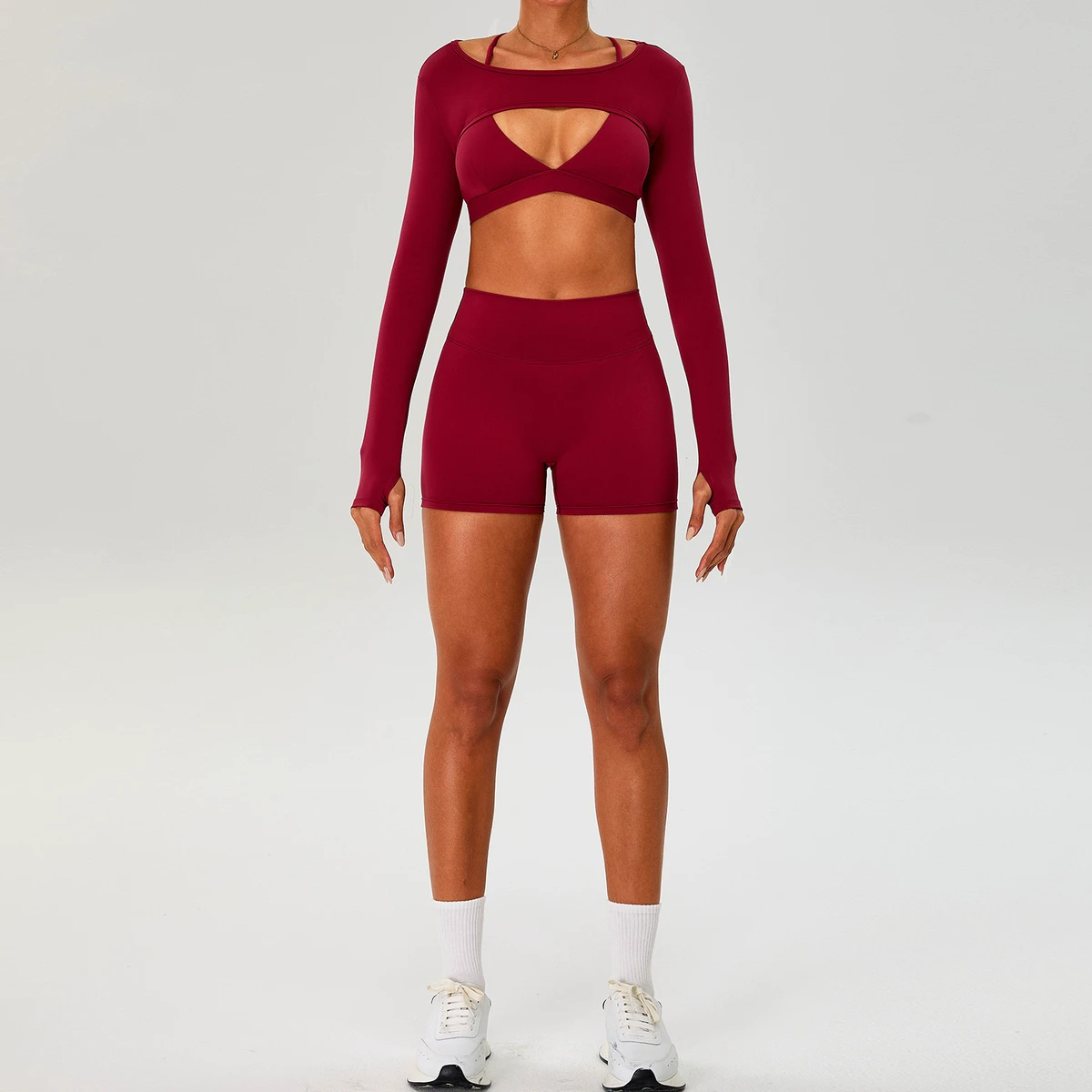 Women's Solid High Elastic Waist Crisscross Straps Cut-out Yoga Fitness Five-piece Quick-drying Outdoor Running Set