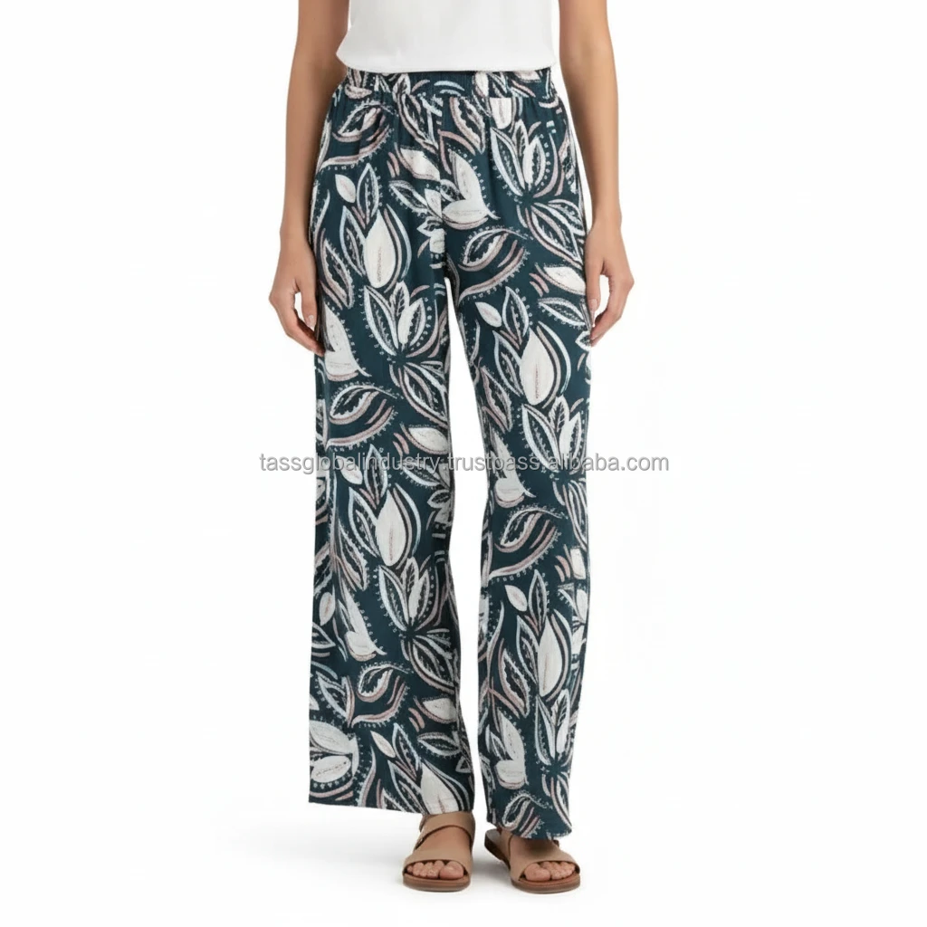 High Quality Women's Mid Waist Winter Floral Vintage Lightweight Spandex/Polyester Palazzo Pants Soft Stretch Drawstring Closure