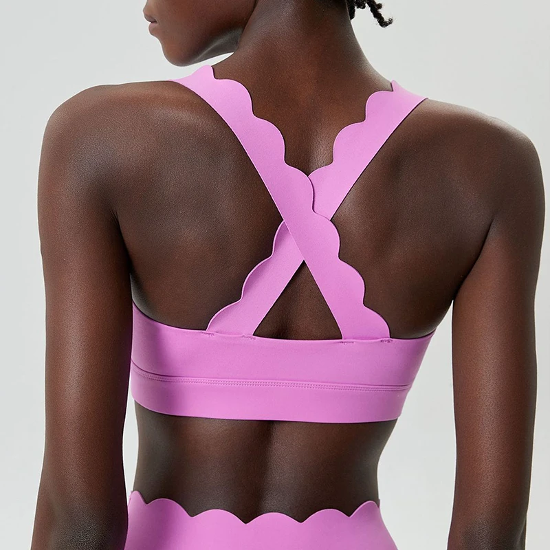 Hot Selling Wave Shaped Nude Feeling Cross Back High Strength Shockproof Training Running Yoga Fitness Sports Bra