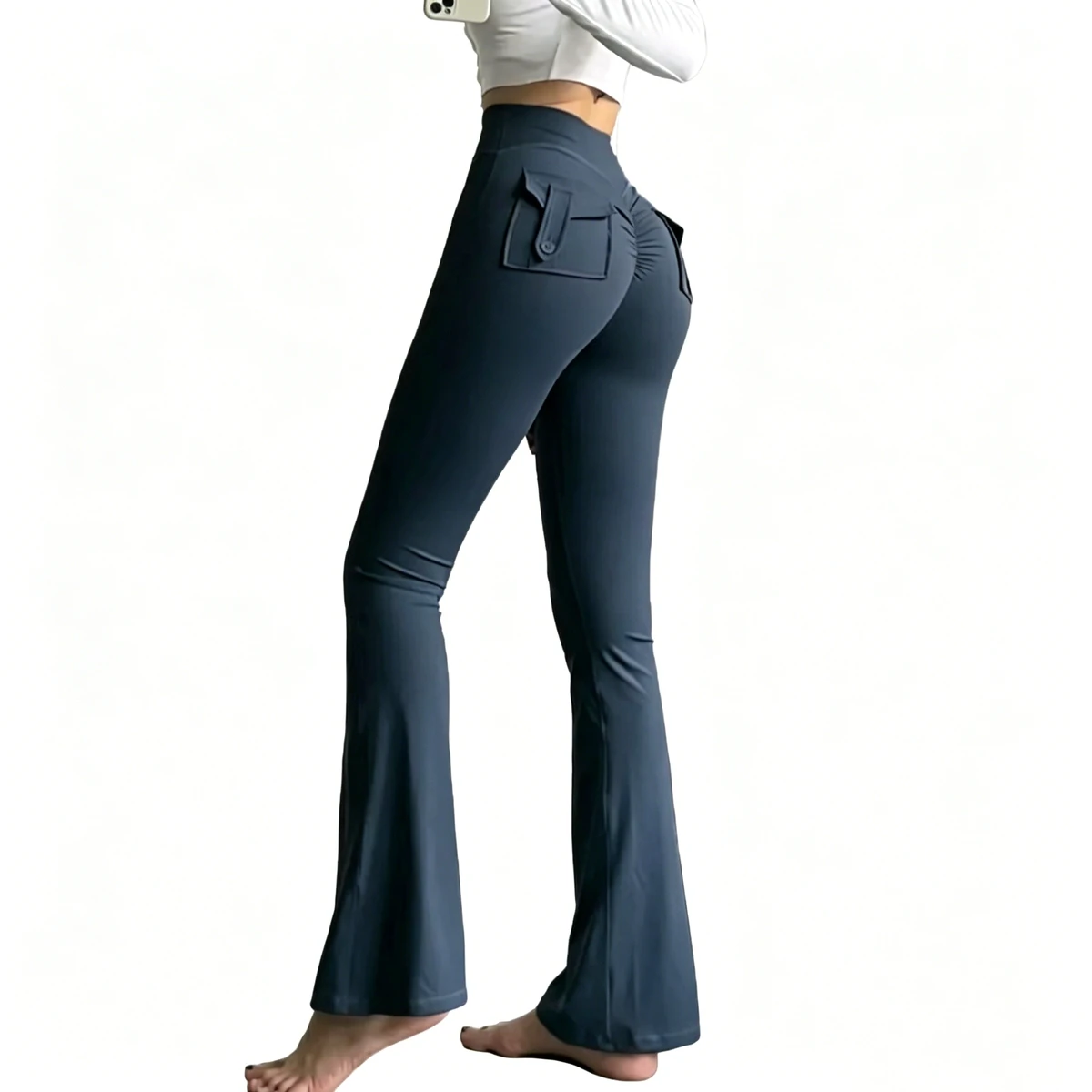 Women High Waist Flare Yoga Pants Pockets Tummy Control Butt Lifting Workout Leggings Elastic Waist Quick Dry for Gym Casual