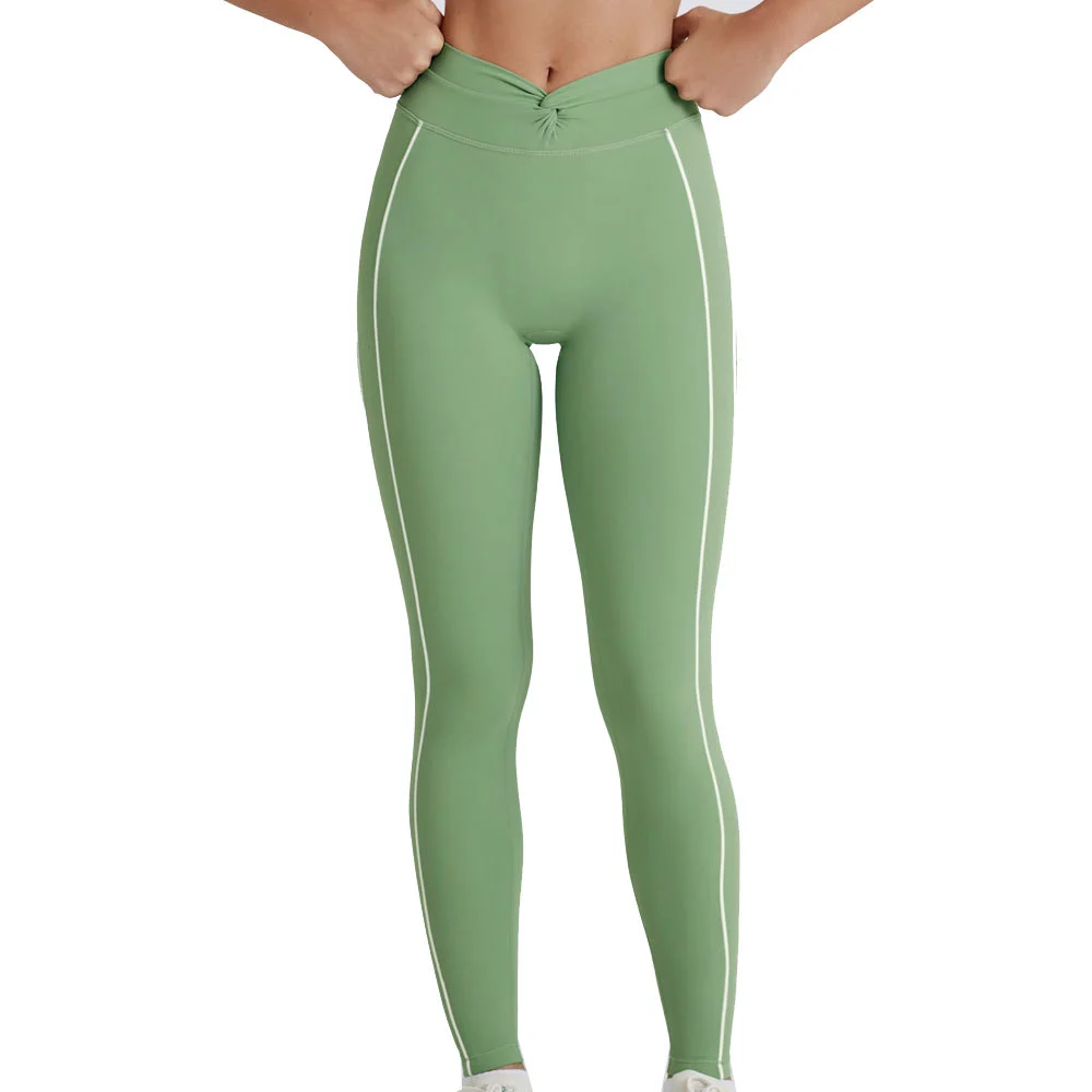 High Waist Green Yoga Leggings Elastic Waist Print Side Stripe Seamless Full Length Pants Spandex Polyester Four-Way Stretch