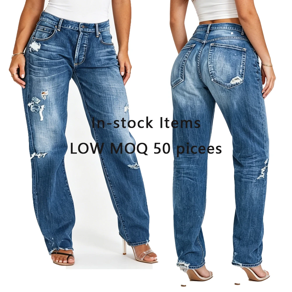 Women's Mid Rise Ripped Straight Leg Jeans Vintage Distressed Faded Boyfriend Denim Pants Loose Casual Streetwear Trousers