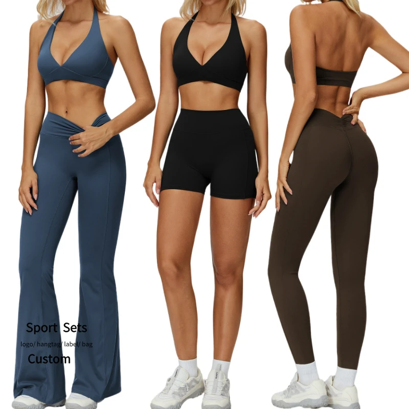 Women's Yoga Suit Halter Square Neck Bra V-shaped Back High Waist Pants 2-Piece Solid Sports Set Breathable Quick Dry Athletic
